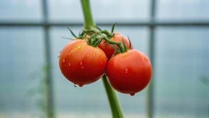 Fresh Red Tomatoes with Water Droplets on Vine