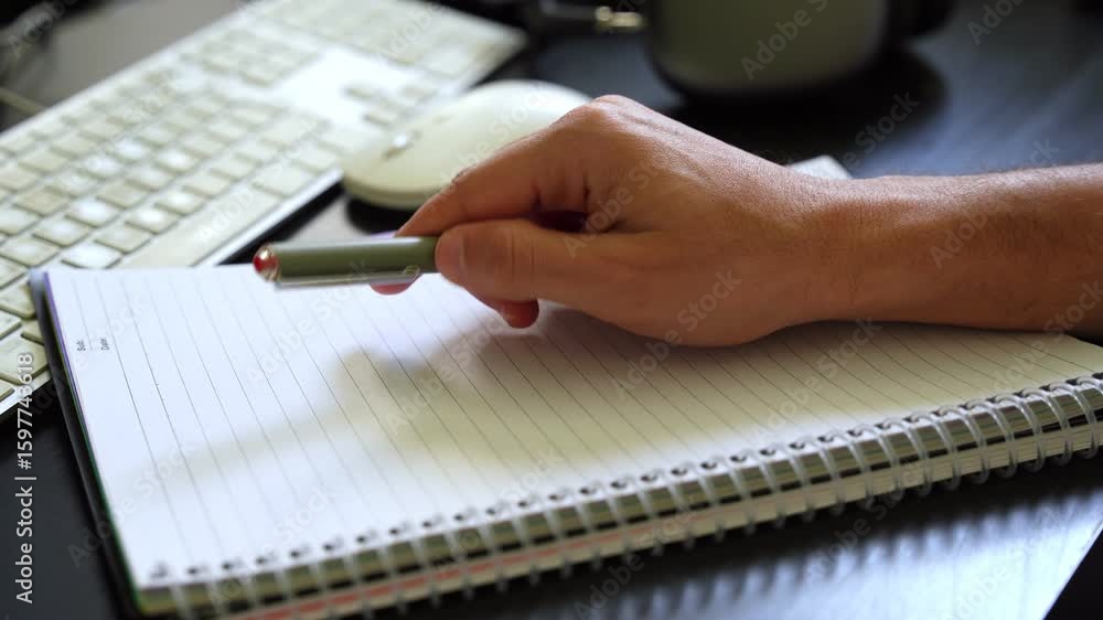 Poster close-up shot of a hand spinning a pen thoughtfully over an open notebook next to a keyboard, symbol