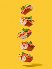 Colorful Sandwiches Floating Against Yellow Background