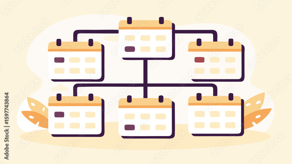 Poster illustration of a calendar network with six calendars connected by lines on a light background