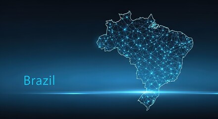 Luminous network of points and lines forms a map representing Brazil on dark backdrop © Background 