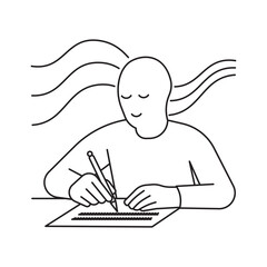 Line art drawing of a person writing on paper with flowing lines suggesting creativity. Symbol of content writing, scriptwriting, and storytelling.