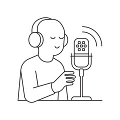 Line drawing of a person recording audio with headphones and microphone. Represents podcasting, voice-over, and sound production.