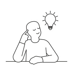 Line art illustration of a person thinking with a glowing light bulb above the head. Concept of inspiration, idea creation, and brainstorming in creative work.