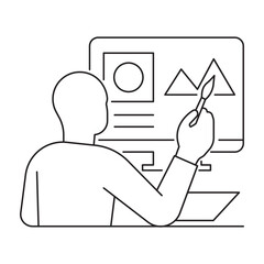 Line art of a person creating graphic content on a computer. Concept for visual design, digital art, and creativity in digital media.