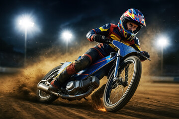 Photorealistic motorcycle racer drifting on dirt stadium track under dramatic floodlights. Concept of adrenaline, speed, competition, skill, danger, and extreme sports performance.