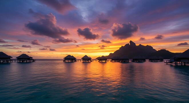 Dreamy Overwater Bungalows in Bora Bora at Sunset &ndash; Tranquil Lagoon Views, Vibrant Skies, and Luxurious Tropical Escape in French Polynesia Paradise
