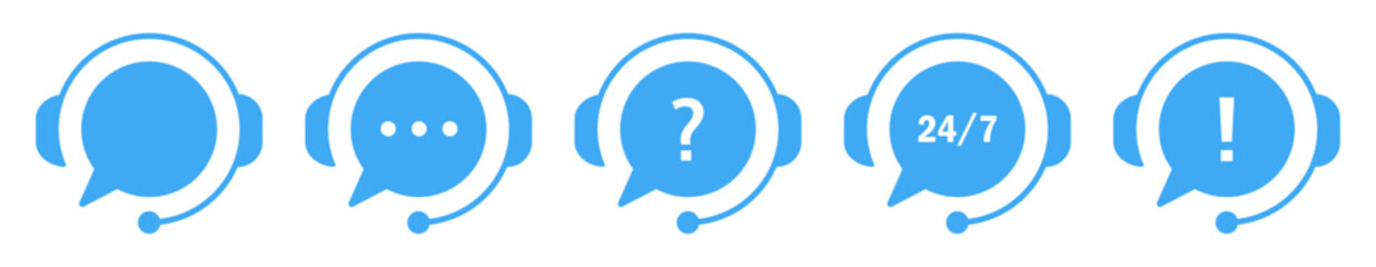 Customer support headsets with chat bubbles, 24/7 service, help, and alert signs. Modern flat style icons for call center, tech support, and online assistance designs. Icons, vector.