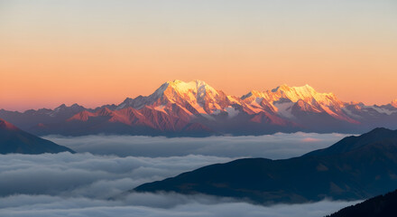 Serene Aerial Mountain Peak Landscape Over the Cloudscape During Sunrise