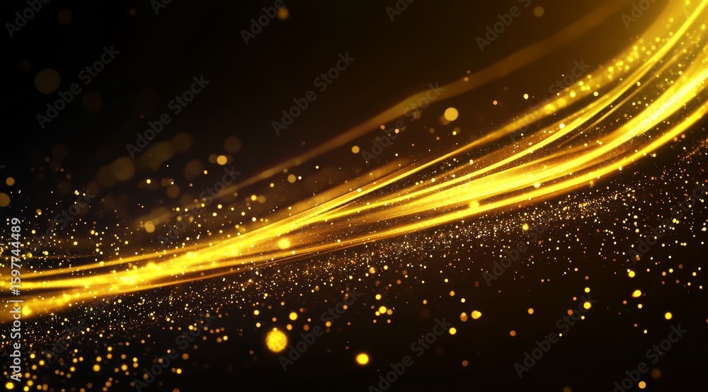 Wall mural glowing yellow light track with golden particle effects - abstract tech background for video walls a