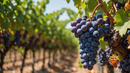 Fresh Grapes Growing in Vineyard Under Sunny Sky