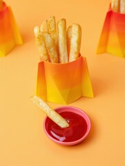 Colorful Fries with Ketchup on Vibrant Background