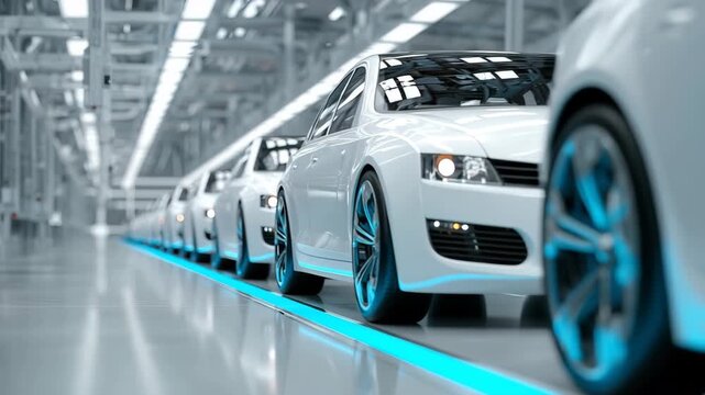 Electric Cars on Assembly Line in Futuristic Automotive Factory
