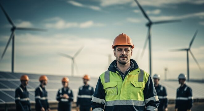 Sustainable energy future. Worker portrait at solar & wind farm for renewable power. Engineering job concept, environmental technology, clean energy campaign material.