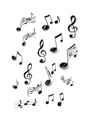 A collection of musical notes are scattered across a white background