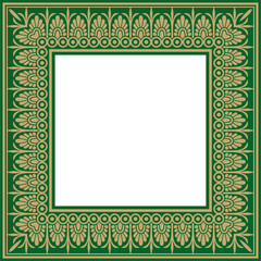 Vector gold with green classic Greek square ornament. Rectangle of Ancient Greece and Roman Empire. Byzantine painting of walls, floors and ceilings. Decoration of European palaces.

