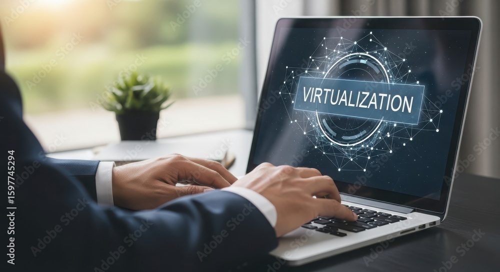 Poster man works on laptop displaying virtualization