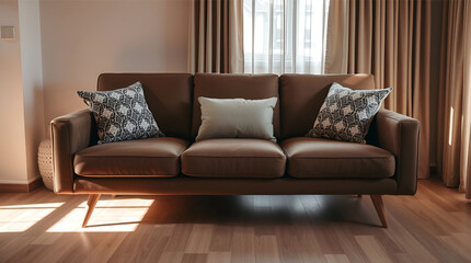 Fototapeta premium Modern brown leather sofa with patterned pillows, sunlit living room, minimalist interior design, calm and serene atmosphere, hardwood floors, natural light.