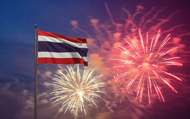 National flag independence state Thailand, background fireworks. AI Generative