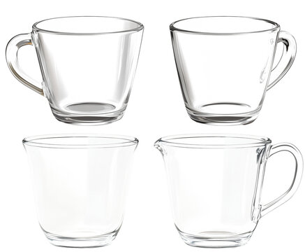 Clear glass measuring cups in various shapes and sizes, showcasing their elegant design and functionality for precise measurements in cooking and baking.Isolated on transparent background