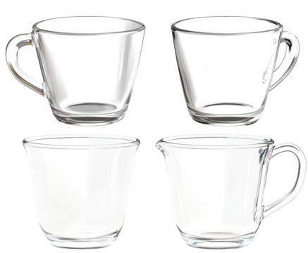 Clear glass measuring cups in various shapes and sizes, showcasing their elegant design and functionality for precise measurements in cooking and baking.Isolated on transparent background