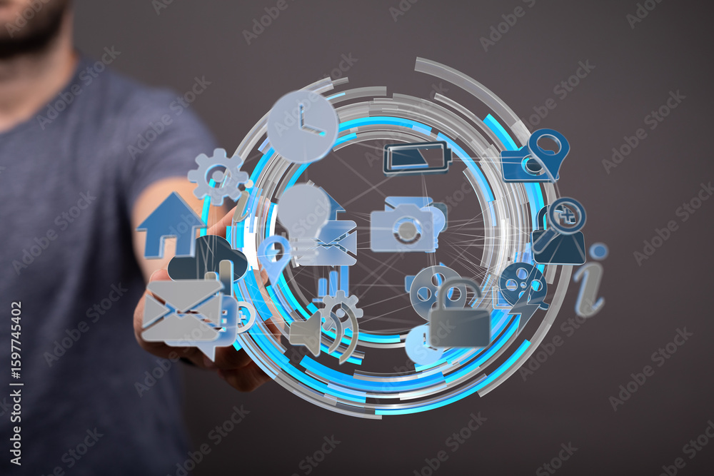 Poster stock photo of a person interacting with a digital interface showing various app icons and network c