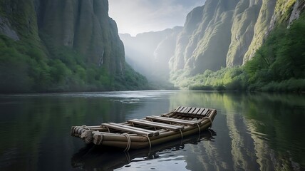 A rustic bamboo raft floats peacefully on a calm river surrounded by towering mountains and lush greenery