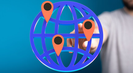 Illustrates worldwide connectivity and location-based services. Ideal for technology, travel, and...