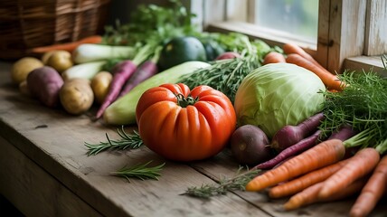 A colorful assortment of fresh vegetables on a wooden table