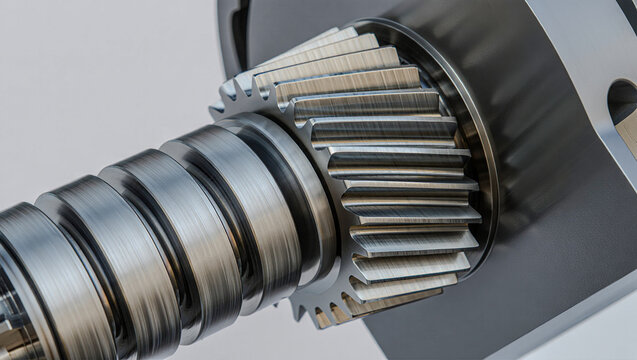Side view of a rack and pinion system with dynamic lighting, showing clean metal surfaces and tight tolerances.