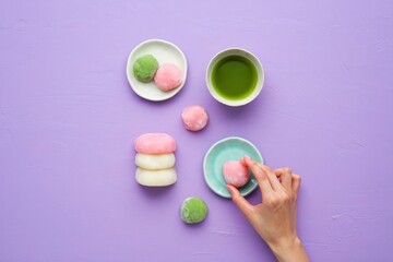 Colorful Mochi and Green Tea on Violet Background