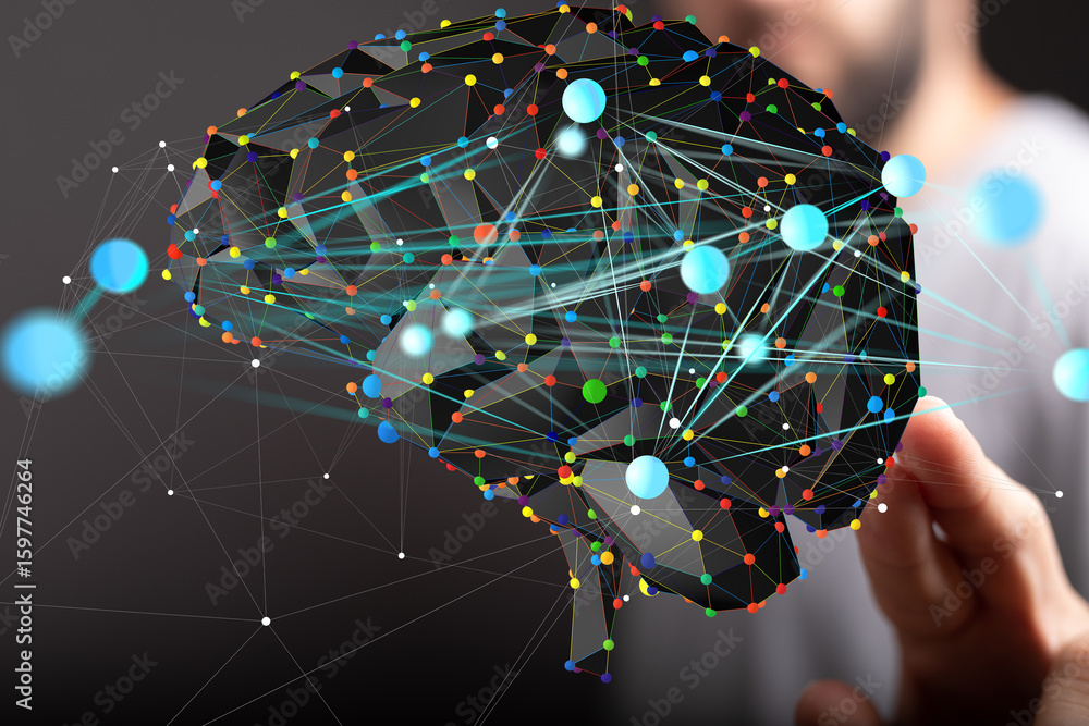 Poster stock photo of a 3d brain model representing ai, neural networks, and complex connections.