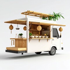 Floating Noodle Truck Mockup Featuring Bamboo Decor Hanging Bowls and White Background