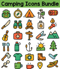 Set of Colorful camping icons. Doodle style icon vector bundle.eps