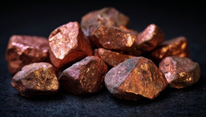 Raw copper nuggets on dark background - natural mineral beauty with industrial and decorative applications