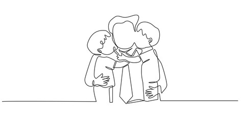 Minimalist continuous line art of a boy hugging and kissing his father. Simple modern design with one-line drawing style. Perfect for banners, family-themed illustrations, Father's Day designs.
