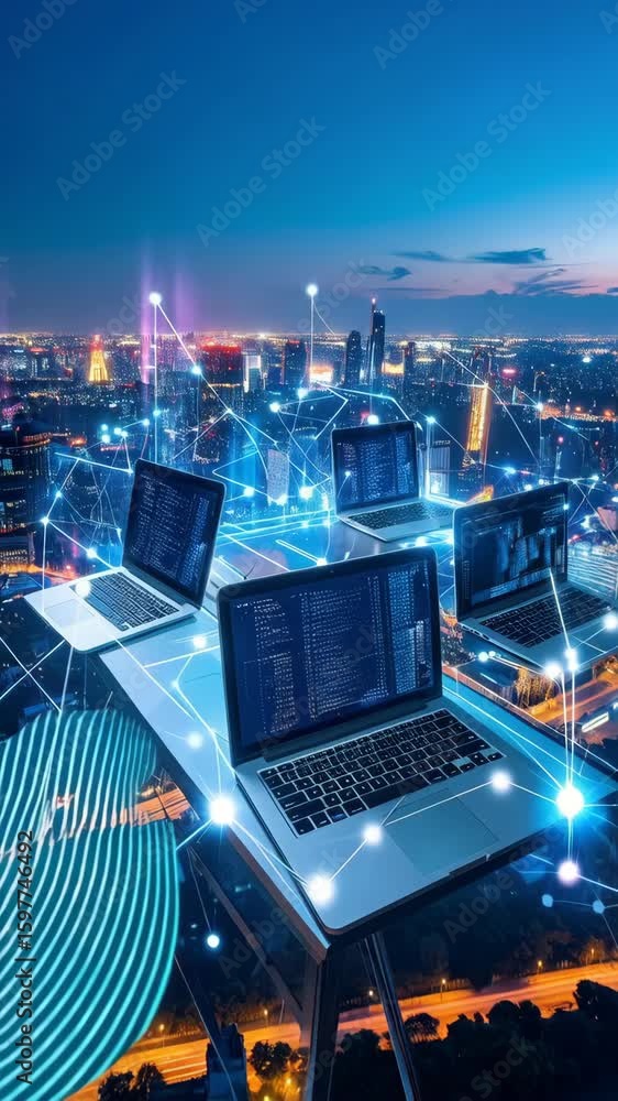 Poster laptops display code with city lights against a night sky, data network connecting devices, technolo