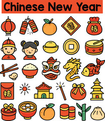 Set of Colorful chinese new year icons. Doodle style icon vector bundle.eps