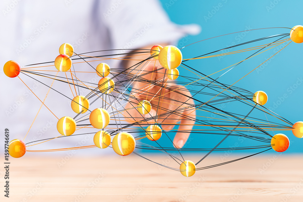 Poster abstract image of a hand interacting with a complex network of interconnected nodes, representing gl
