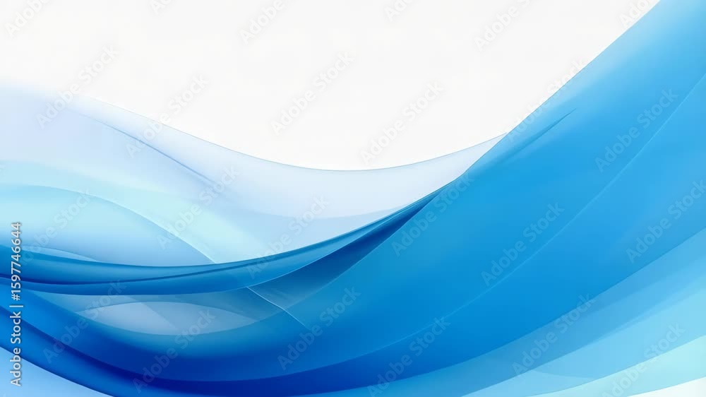 Poster abstract flowing curves in shades of blue against a white background, creating a dynamic and modern 