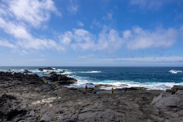 Rocky Shoreline with Tourists under Blue Sky Azores