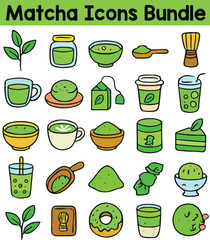 Set of Colorful matcha icons. Doodle style icon vector bundle.eps