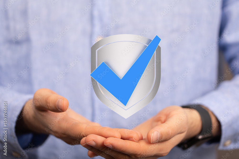 Poster image of hands holding a shield with a checkmark, symbolizing security and protection.
