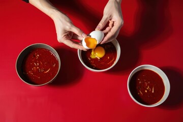 Hands Cracking Eggs Over Red Table with Bowls