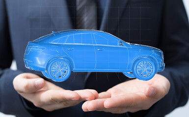 Image of a businessman holding a digital car model, ideal for insurance, automotive, and technology...