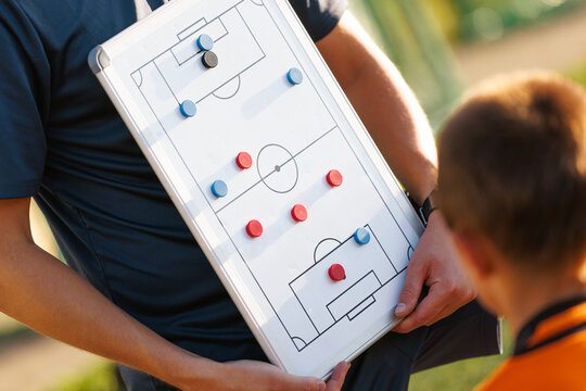 Football Coach Using Soccer Tactics Strategy Board. Coach explaining the game plan to school soccer players