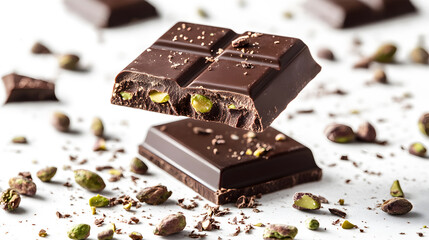 A chocolate bar with nuts on top of it. The chocolate bar is cut in half and is on top of a pile of nuts