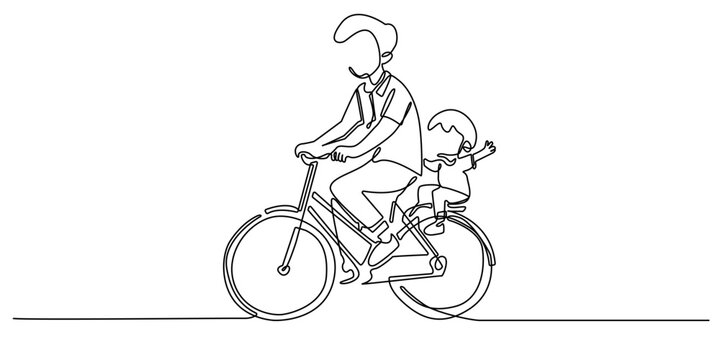 minimalist one-line drawing of a father riding a bicycle with his child on the back. The simple and elegant design portrays a joyful family moment, perfect for a lifestyle, family, or parenting-themed