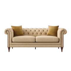 Cream-colored tufted sofa with gold pillows