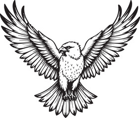 soaring eagle: A majestic eagle, its wings wide, drawn in a bold black and white, ready for flight. the illustration captures the bird's power and grace.